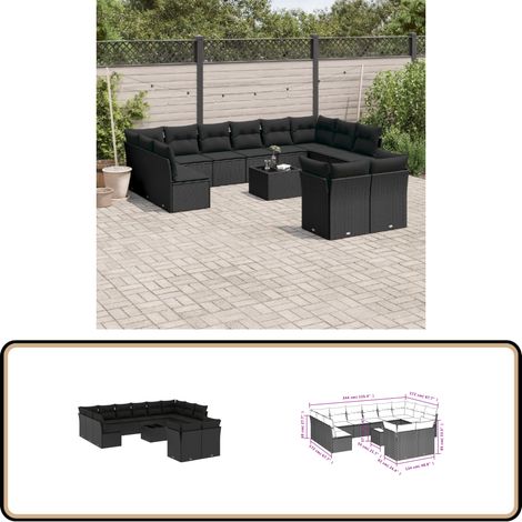 13-tlg. Garten-Sofagarnitur mit Kissen Schwarz Poly Rattan - Gartenmöbel - Esstischgarnituren - Outdoor Möbel - Lounge Set - Rattan Gartenmöbel