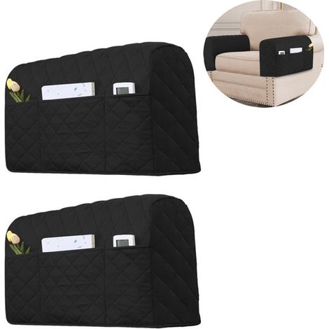 Fundas para reposabrazos de sofá (2 unidades), Funda elástica para sofá, Con 3 bolsillos, Aptas para la mayoría de sofás, Color topo (1/5)
