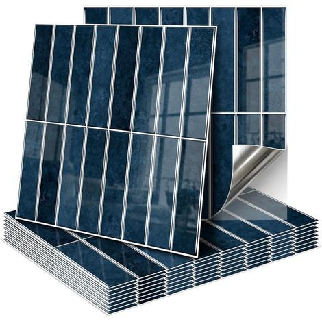 Lot de 10 autocollants pour carrelage 3D - 30 x 30 cm - Pour salon, chambre à coucher, cuisine, salle de bain (bleu - noir) (1/5)