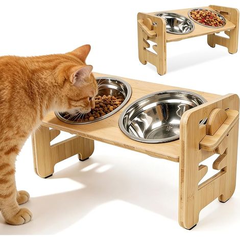 Gamelle Chat Surélevée avec Support en Bois, Double Gamelle pour Chat et Petit Chien, Gamelles Élevée Réglable avec 2 Bols en Acier Inoxydable, Station d’Alimentation Antidérapante (1/5)