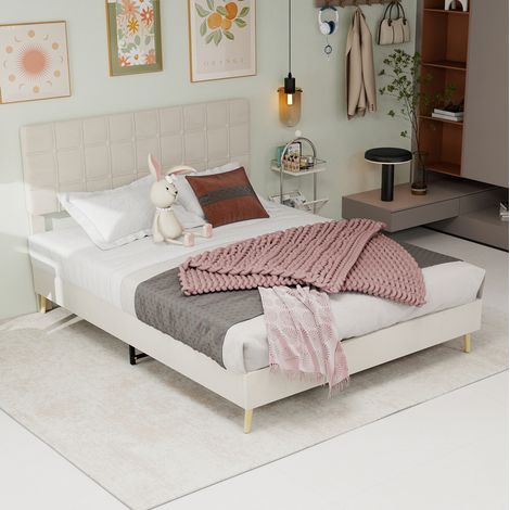 Letto matrimoniale in velluto beige 160x200 cm con testiera imbottita a quadri (1/5)
