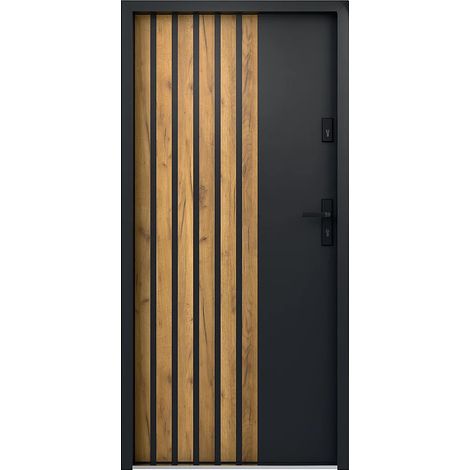 Porta d'ingresso H207xL100cm Nero con righe effetto rovere apertura verso sinistra Acciaio pieno - COBRITA (1/5)