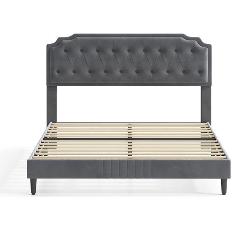 Upholstered Bed Frame with Cozy Button Tufted Headboard & Adjustable Height, Wood Slat Support CHELSEY DOUBLE GREY (1/5)