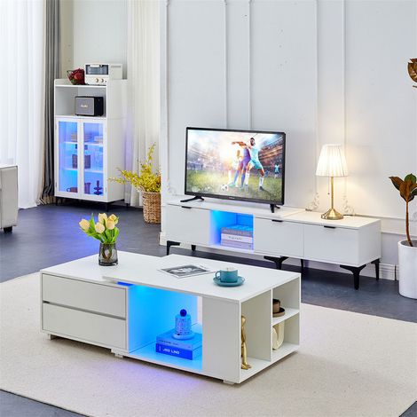 CLIPOP Table Basse Extensible Blanche avec lumières LED, pour canapé d'appoint de Salon (1/5)
