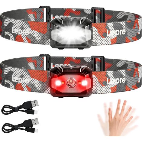 Lampe Frontale Rechargeable, 2000Lux Super Lumineux 10 Modes 2Pcs Léger Torche Frontale LED Puissante avec Détecteur de Mouvement, Double Alimentation Rechargeable ou à Piles pour Camping (1/5)