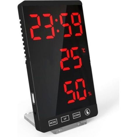 Horloge miroir LED avec thermomètre, hygromètre, réveil météo électronique et affichage lettres rouges en gras (1/5)
