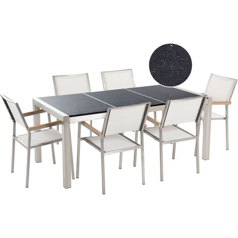 Set da Giardino Tavolo Piano Granito Nero 6 Sedie Bianche 180 x 90 cm Grosseto (1/5)
