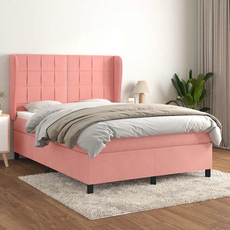 Cama box spring con colchón terciopelo rosa 140x200 cm (1/5)