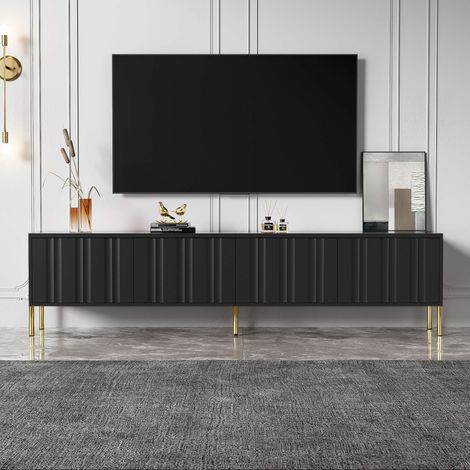 Meuble TV noir 190 x 38 x 48 cm, 4 portes rainurées, 8 étagères, charnières amorties, pieds dorés H15 cm, charge 60 kg (1/5)
