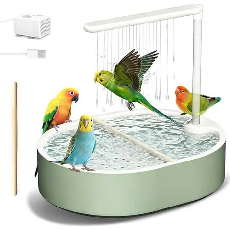Douche pour Perruches, Bain d’Oiseaux Automatique avec Pompe USB et Eau en Circulation, Baignoire pour Cage pour Calopsittes, Inséparables et Petits Perroquets, Vert (1/5)