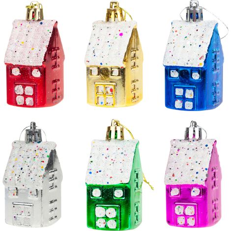 TG44017 Weihnachtsbaumkugeln Haus Anhänger aus Kunststoff, 6-teiliges Dekorationsset