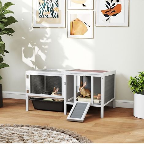 Kaninchenstall mit Freilaufgehege und Rampe Grau OKMYHOME (1/3)