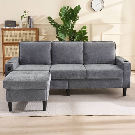 Canapé d'angle convertible 3 places gris en tissu lin avec ports USB
type-c et porte-gobelets (1/5)
