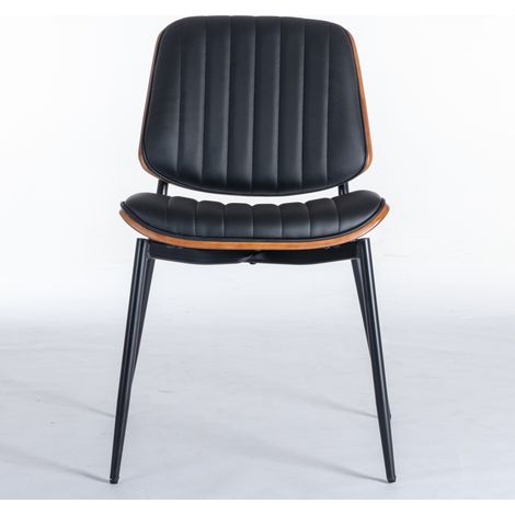 Lot de 2 fauteuils rétro milieu du siècle,simili cuir noir,dossier bois courbé noyer,pieds métal réglables,pour cuisine et salle à manger. (1/5)