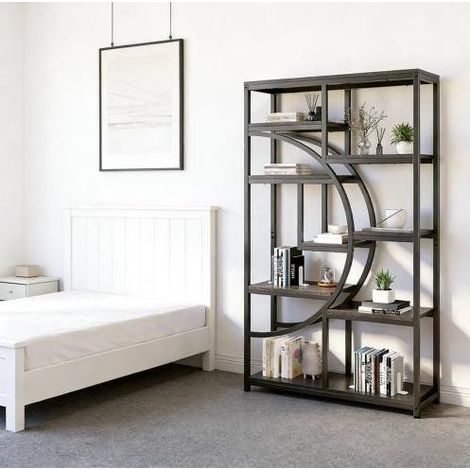Bibliothèque noire en métal et bois à 9 niches au design géométrique (1/4)