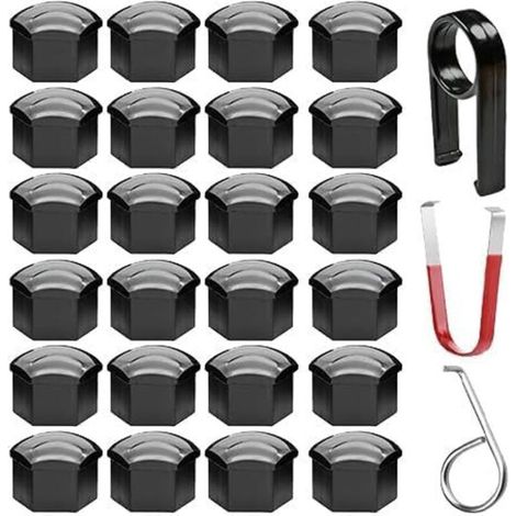 Lot de 20 cache-écrous de roue hexagonaux de 17 mm avec kit d'outils de retrait pour voitures (avec crochet en acier, clip en acier, clip noir) (1/4)