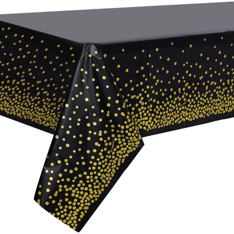 2PCS 137 cm x 274 cm Nappe de Table de Fête Noir et Or Jetable pour Table Rectangulaire, Couverture de Table Confettis de Point d'or pour Obtention