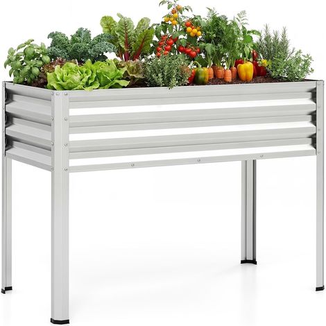 Jardinière Surélevée en Métal 142 L, pour Balcon Terrasse Cour, Lit de Jardin Surélevé pour Légumes Fleurs Fruits, 112 x 55 x 81 cm (Argent) (1/5)