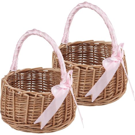 Lot de 2 Petits Paniers en Osier Tressés à la Main - Panier à Fleurs pour Mariage - 19 x 15 cm avec Nœud Rose - Décoration de Table et Cérémonie (1/5)