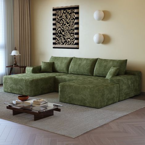 Divano modulare angolare 270x175x83 cm, chaise longue reversibile, senza montaggio, tessuto corduroy verde (1/5)