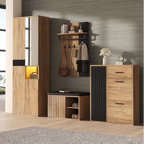 Garderobenschrank (215x36x190 cm), mit vier Türen, offenem Fach und Spiegel, Spanplatte, Natur und Schwarz (1/5)