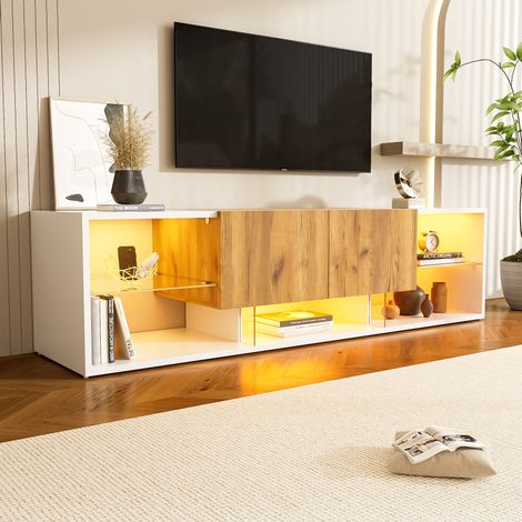 Mueble TV de 160 cm con LED de 16 colores, 2 cajones, blanco y madera DESVIAE (1/5)