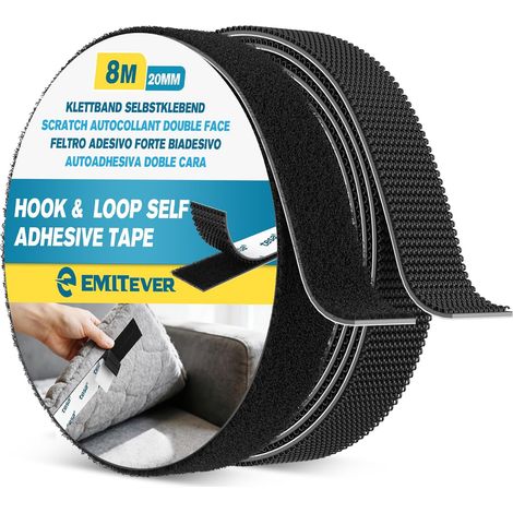 Scratch Autocollant Double Face Extra Fort, 8m x 20mm Noir  Adhésif à Base épaissie de 1,1 mm, Imperméable et Résistant à la Chaleur, Ne Laisse Pas de Traces, Pose Sans Clous,Rouleau (1/5)