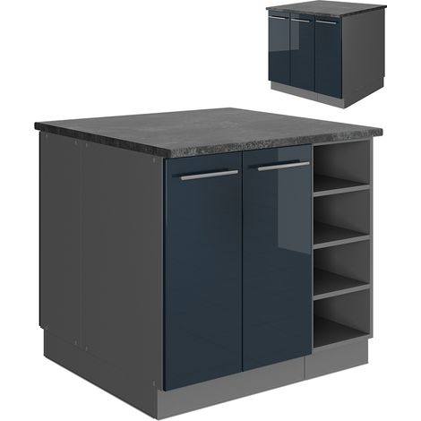 îlot de cuisine Fame-Line, Bleu foncé brillant/Anthracite, 90 cm sans plan de travail, Vicco