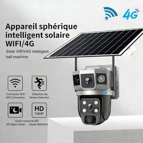 Caméra de Surveillance Solaire WiFi Extérieur, Trois Objectifs et Trois Écrans Simultanés, PTZ 350° 90° Panoramique 360°, Vision Nocturne en Couleur HD, Étanche IP66, Basse Consommation pour Maison Ja (1/5)