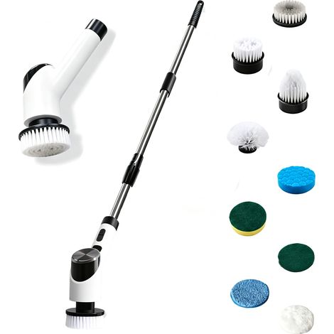 Brosse de nettoyage électrique rechargeable 9 en 1 - Écran LED - Long manche - Étanchéité IPX7 - Fonction spray - Pour salle de bain, sols, baignoire, carrelage et toilettes