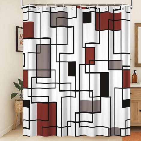 Rideau de Douche géométrique Rideau de Douche Abstrait Rouge et Noir Simplicité Moderne Carré géométrique imperméable à l'eau Rideau de Douche Lavable en Machine 150x200cm (1/4)