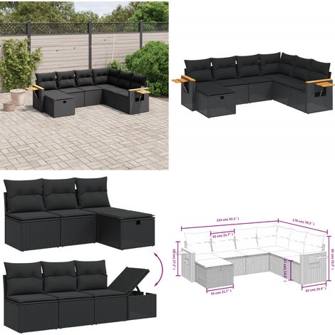 Salon de jardin 7 pcs avec coussins noir résine tressée - Ensemble Salon De Jardin - Mobilier Extérieur - Canapé Jardin - Chaise Lounge - Table Basse - Home & Living (1/5)