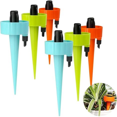 Set of 6 automatic watering spikes (random color) for vacation use, drip irrigation with slow drain control valve, watering for indoor plants (1/5)