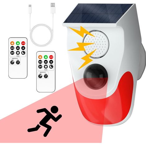 Detecteur de Mouvement Solaire, 2 Télécommandes, 120dB et IP65 Alarme Détecteur Mouvement Exterieur, Detecteur de Passage Sans Fil, Alarme Maison pour Garage, Ferme, Jardin (1/5)