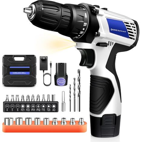 Perceuse Visseuse sans Fil , Visseuse Devisseuse sans Fil avec 2X 1,5Ah Batteries et 23 Accessoires, 18+1 RéGlages de Couple 2 Vitesse LumièRes LED