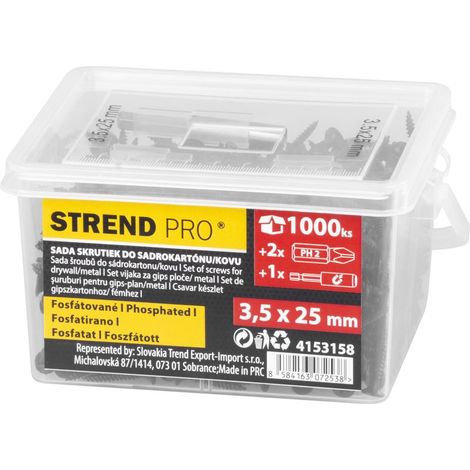 Satz von Schrauben Strend Pro, Schrauben für Gipskartonplatten, 3,5x25 mm, mit 2x Bits und magnetischem Halter, in Dose, Pack. 1000 Stk. (1/3)