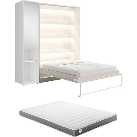 Letto a scomparsa verticale 140 x 200 cm 1 colonna contenitore Con specchio e LED Beige + Materasso - RAPILI (1/5)