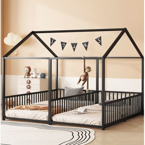 MEUBLIV cama 90x200 cm negra – tipo casita con escalera y barandilla, sin colchón (1/5)