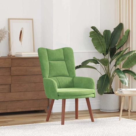 Fauteuil relaxant en velours vert clair avec pieds en bois massif d’hévéa, 63 x 67 x 94 cm - PANGIVO (1/5)