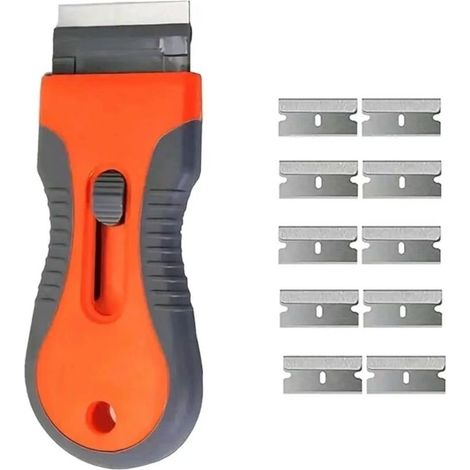 Kit grattoir multi-usages – 10 lames métal – Pour plaques de cuisson, vitres, stickers, mastic et colle à peinture – Pratique et durable,Orange (1/5)