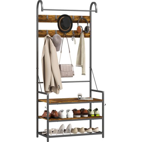 Perchero de pasillo con barra, 10 ganchos, banco y zapatero, en madera y metal, 80x40x182 cm, marrón y negro. (1/5)