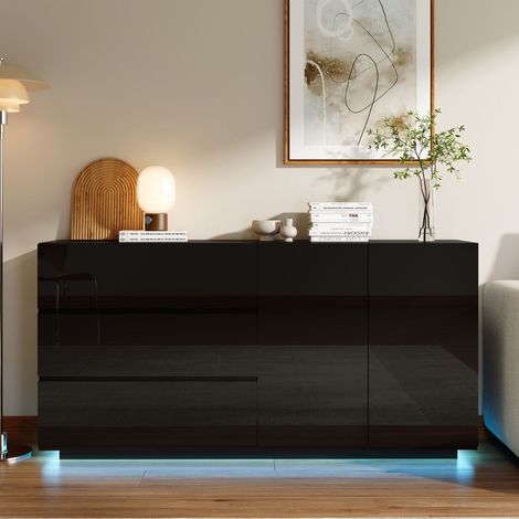 Buffet bas 2 Portes 3 Tiroirs avec LED 160x35x76cm – Panneaux mélamine brillante – Meuble suspendu moderne noir (1/5)