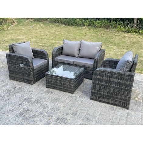 Fimous Balkonmöbel Set 4-Sitzer Polyrattan Garten Sofa Outdoor Gartenmöbel Sitzgruppe Lounge Loveseat mit Kissen,Hocker,Couchtisch Dunkelgrau Gemischt (1/4)