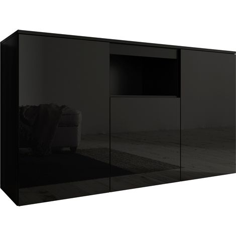 Muebles Bonitos – Buffet bas 3 portes 140x82x40cm – Finition mélamine brillante – Système d'ouverture push-click – Meuble de rangement moderne