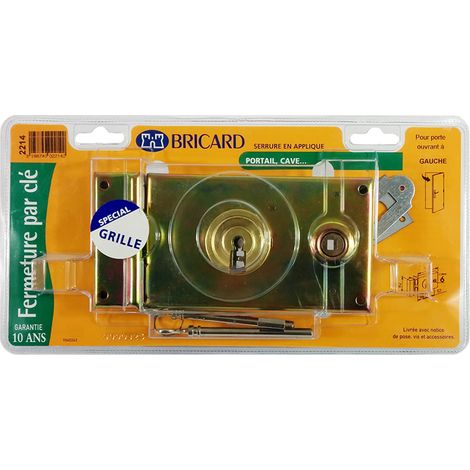 Bricard – Serrure en applique monopoint horizontale pour grille et portail – Tirant gauche – Pour poignée carré 6 mm – Fermeture par clé – 2 clés fournies