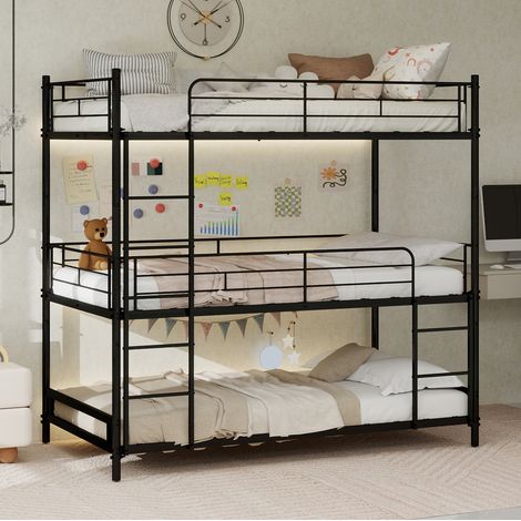DESVIAE Lit superposé triple en métal avec échelles intégrées et garde corps complet 90 x 190 cm noir (1/4)