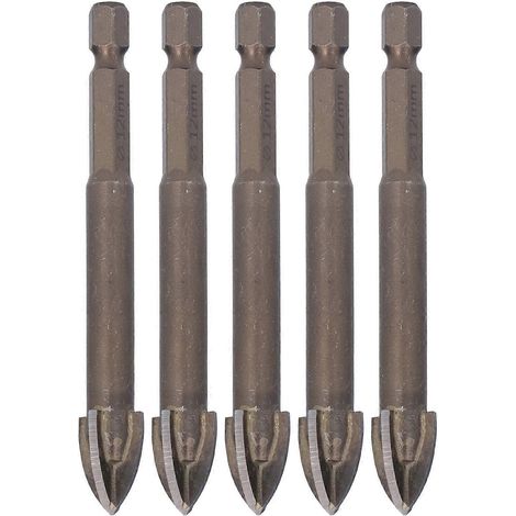 5-teiliges Kreuzbohrer-Set, 1/4 Zoll Sechskantschaft, für Fliesen, Glas, Keramik und Beton, Lochöffner aus Hartmetall, 12 mm