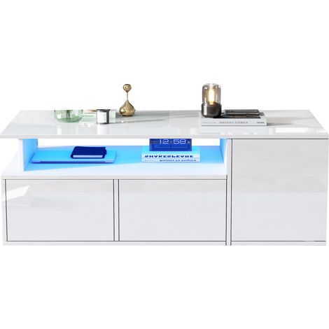 Table basse LED blanche 100 x 50 x 35 cm à double tiroir, rangement 3 niveaux, plateau brillant et 9 compartiments, pour salon moderne - CHICFURN (1/5)