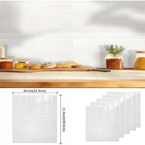 Pack Pro 5 Stickers Mural Blanc Glacier 22.9x29cm - Carrelage Rectangulaire 3D Brillant + Papier Autocollant Étanche Déco Murale Design (1/5)