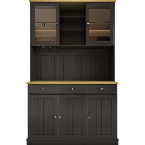 Aparador alto negro 120 x 40 x 191 cm con puertas de vidrio, soporte para copas y enchufes USB (1/5)